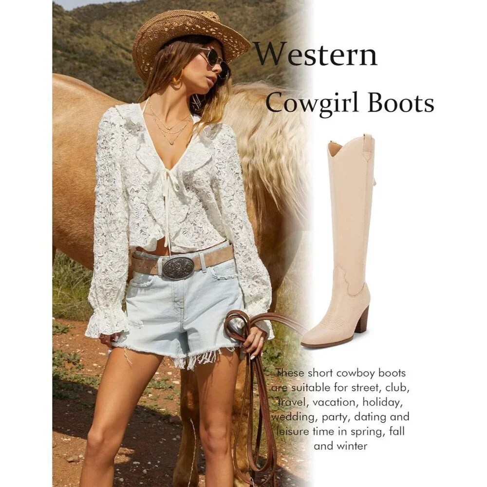 Women Beige Cowboy Knee High Boots Chunky Block Heel Square Toe Tall Riding Boot